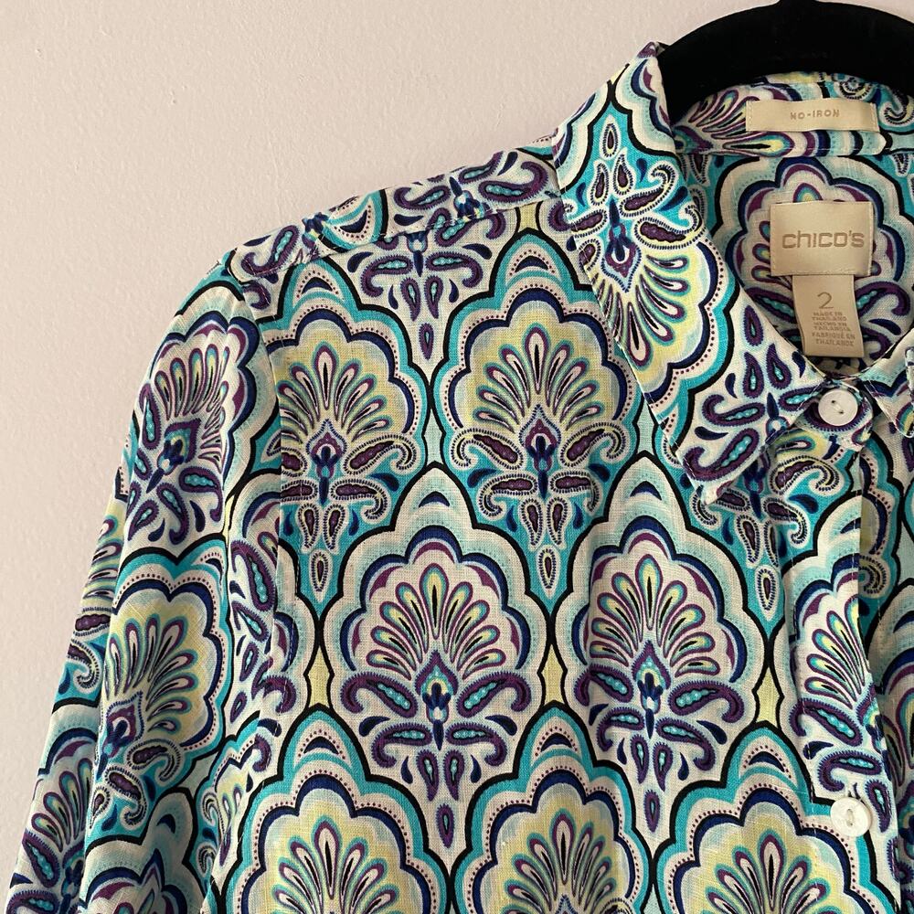 Chico's Blue Purple Paisley Print Button Down Shirt 100% Linen 2 / Large / 12 - Picture 3 of 9